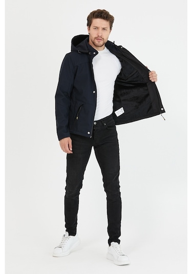 Mero Life Içi Kürklü Kapüşonlu Su Ve Rüzgar Geçirmez Softshell Erkek Mont Lacivert
