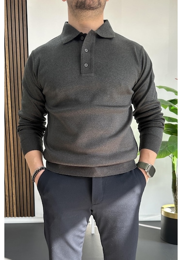 Erkek Düğmeli Polo Yaka Kazak Antrasit Edw231 Antrasit