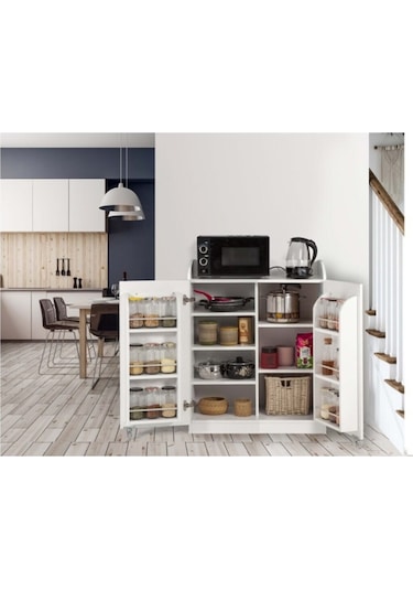 Beyaz Çok Amaçlı 90 Derece Açılabilir 2 Kapaklı Kısa Kiler Dolap