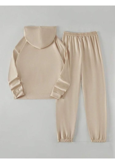 Malibu Eşofman Takımı Sweatshirt Jogger - Bej Baskılı Oversize Şardonlu Kapüşonlu Bej