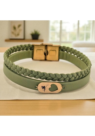Archin Melek Temalı 14 Ayar Altın Plakalı Zeytin Yeşili Derili Kalp Motifli Hediye Bileklik-556sembol Peri