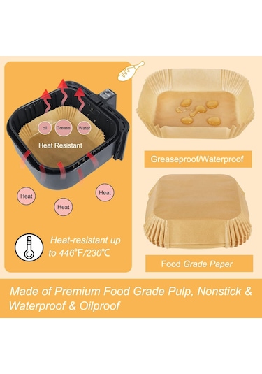 Hava Fritözü Pişirme Kağıdı, Kare Tek Kullanımlık Levhalar, Hava Fritözü İçin Yağ Geçirmez, Cosorı, Ninja, Tower Cosori 7.9" 100 Adet Kahverengi İle Uyumlu