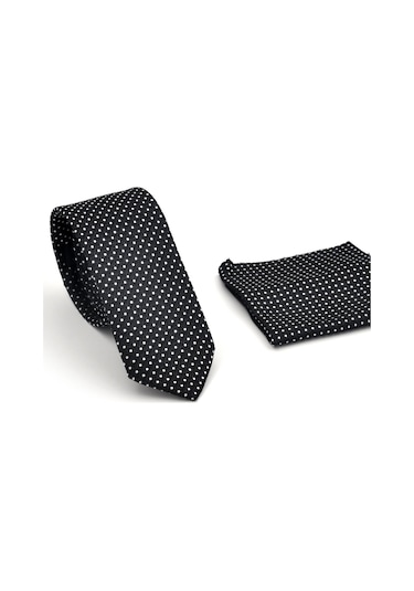 Beyaz Noktalı Puantiye Desenli Siyah Dokuma Kumaş Mendilli Slim Fit Kravat // Sdk230913 Siyah