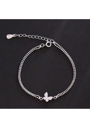 925 Ayar Gümüş Kristal Tasli Çift Sıra Zincirli Kelebek Bileklik