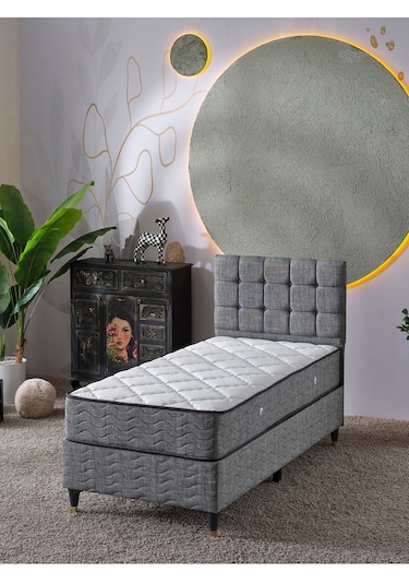 Beehanem Bengü Tek Kişilik 3lü Set Yatak+baza+başlık Keten Gri 120 X 200