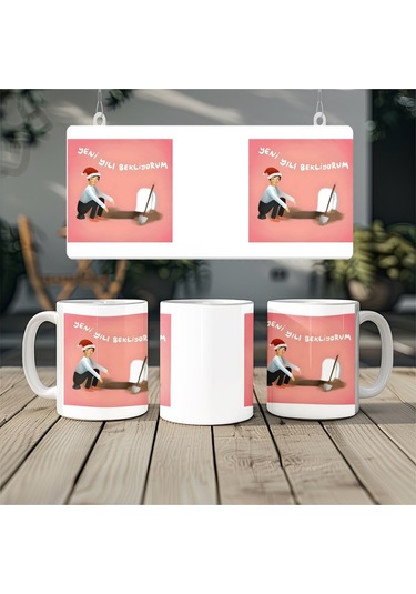 Yeni Yılı Bekliyorum Yazılı Komik Tasarım Kupa Eğlenceli Yılbaşı Hediyesi - Mizahi Kupa Beyaz