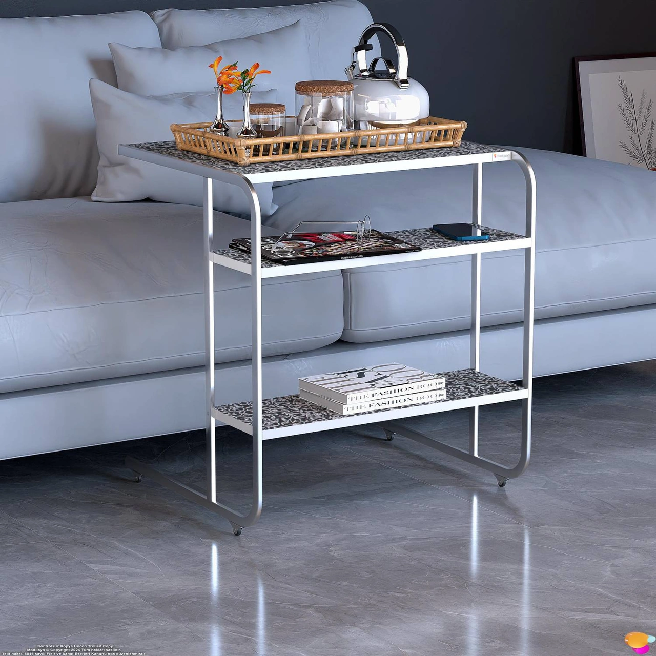 Modilayn C Yan Sehpa Geniş Boy Tekerlekli Çalışma, Atıştırmalık, Yemek, Laptop Sehpası Siyah Desenli Siyah