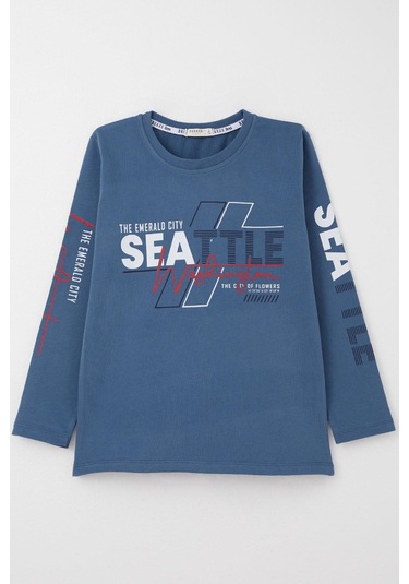 Breeze Erkek Çocuk Uzun Kollu Tişört Renkli Yazı Baskılı 6-12 Yaş, İndigo Indigo