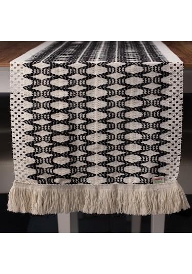 Pamuk Örme Püsküllü Siyah Dantel Runner 35x145 Cm Sunum Örtüsü