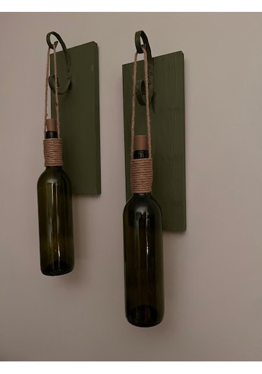 Ahşap  Retro Yeşil Şarap şişesi Duvar Aplik 2'li Set Yeşil