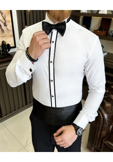 İtalyan Kesim Damatlık Slim Fit Biyeli Ata Yaka Erkek Gömlek T7216-beyaz Beyaz