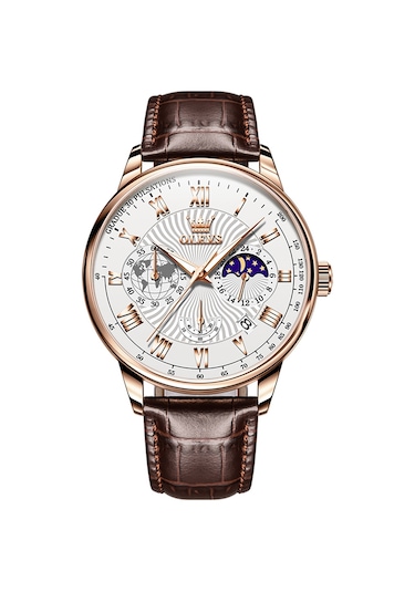 Olevs 2893 Erkekler Çok Fonksiyonlu İş Kuvars Saati Kahverengi + Beyaz