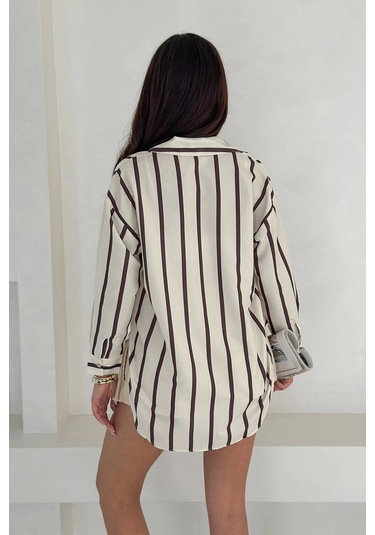 Pamuk Viscon Dijital Baskı Sonsuz Çizgi Gömlek Krem