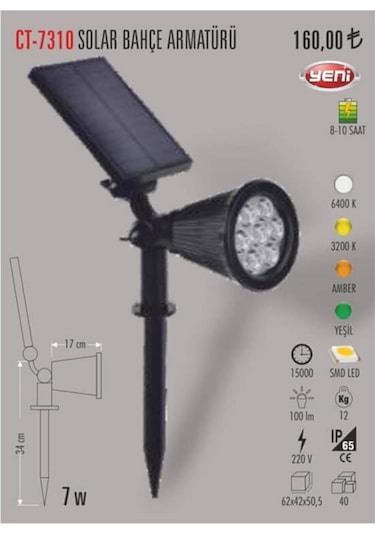 Cata Ct-7310 Solar Bahçe Armatürü 7w / Günışığı Çok Renkli
