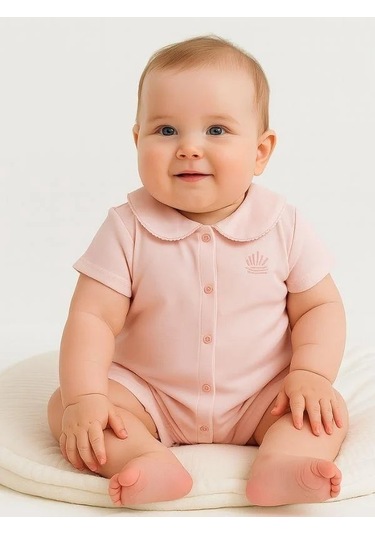 Zekids Kız Bebek Bebe Yakalı Organik Pamuklu Kısa Kol Şort Tulum-15918 Pembe