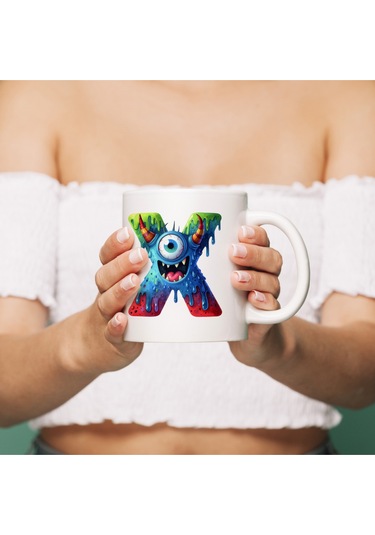 X Harfi Bardak, Sevimli Canavarlar Harflı Bardak Hediyesi Porselen Beyaz