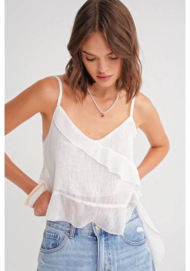 4736 Kadın Fırfırlı Askılı Bluz Beyaz Beyaz