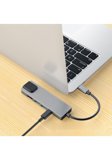 Youmex Gri 5 Fonksiyonlu Usb-c Hub: 4k Hd, Rj45 Ethernet, Usb 3.0/2.0, 87w Pd Hızlı Şarj Çevirici