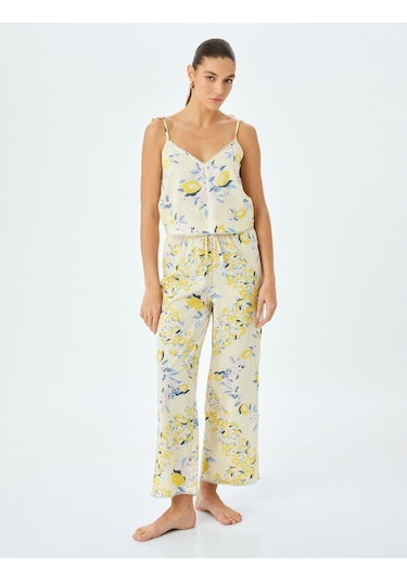 Koton V Yaka İnce Askılı Limon Baskılı Pamuklu Pijama Üstü Ekru Desenli 5slk90012mw Ekru Desenli