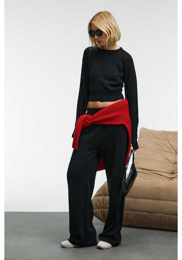 MARIPOSA Kadın Yuvarlak Yaka Çizgi Desenli Crop Geniş Paça Triko Siyah Alt-Üst Takım