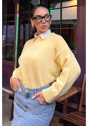 Sarı Bisiklet Yaka Oversize Triko Kazak Mg1972 Sarı