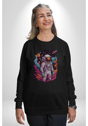 Ay Mars Astronot Unisex Siyah Baskılı Sweatshirt Siyah