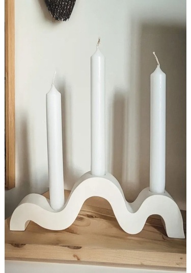 Modern Dalga Tasarımlı 3 Lü Beton Mumluk Şamdan - Dekoratif El Yapımı Masa Üstü Mumluk Beyaz