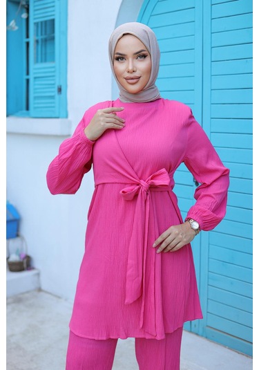 Yandan Bağlamalı Tesettür Fuşya Takım Fuşya