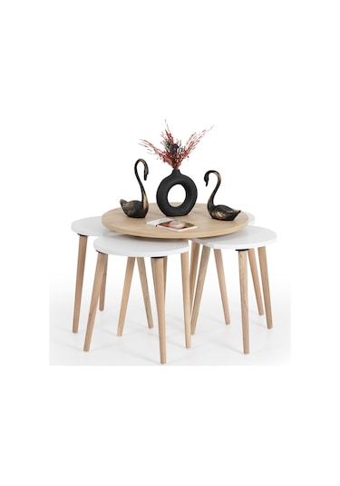 Orta Sehpa / Sehpa Seti / Sehpa Takımı / 5 Parça / Flora Pissa Meşe-beyaz