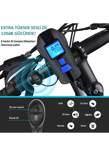 Venaliastore 120db Bisiklet Korna Far 6 Zil Sesi 5 Sürüş Modu
