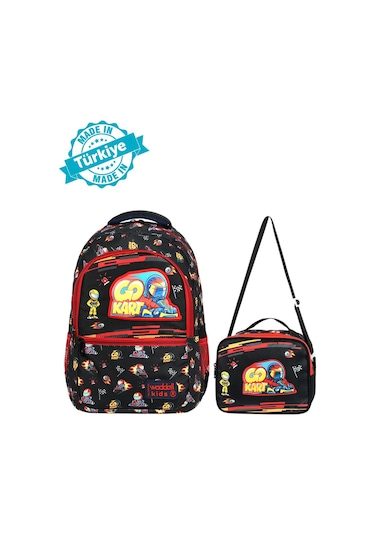 Waddell Lisanslı Go Kart Deri Nakış Desenli Erkek Çocuk İlkokul Sırt Çantası Ve Beslenme Çantası