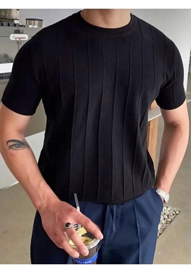 Erkek Slim Kısa Kollu Triko Tişört Yazlık Basic SIYAH