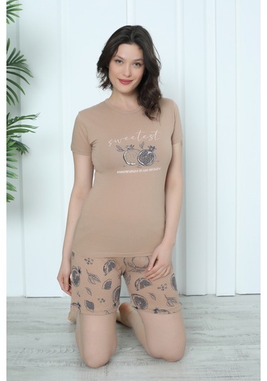 Mr 4300 Pamuklu Kısa Kollu Şortlu Penye Takım Pijama Takımı Nar Desenli Vizon