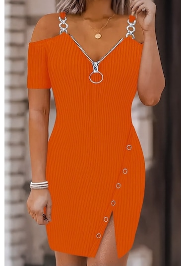 Kadın Askılı Önü Fermuarlı Asimetrik Kesim Detaylı Kalın Fitilli Kaşkorse Elbise Turuncu