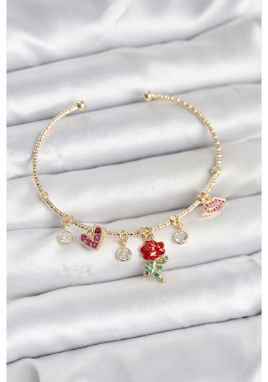 Gül Charmlı Gold Renk Pirinç Kadın Bileklik Çok Renkli