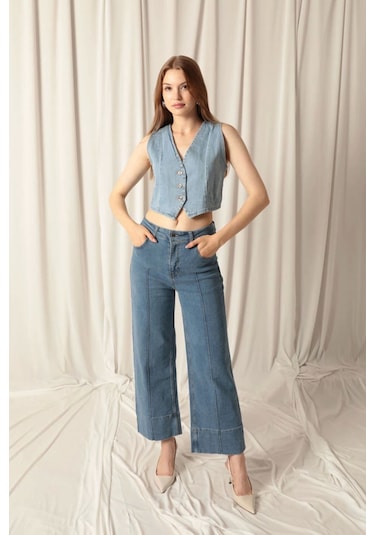 Saklımoda Denim Kumaş Kadın Mavi Kot Yelek Çok Renkli