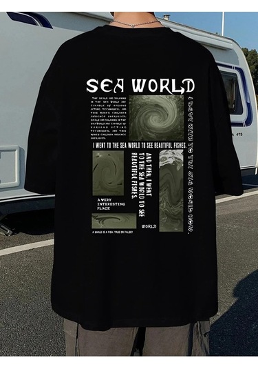 Kadın Siyah Oversize %100 Pamuk Sea World Baskılı T-shirt Siyah