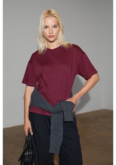 Grımelange Jemmy Kadın %100 Organik Pamuk Relaxed Fit Yırtmaçlı Yuvarlak Yakalı Bordo T-shirt Bordo