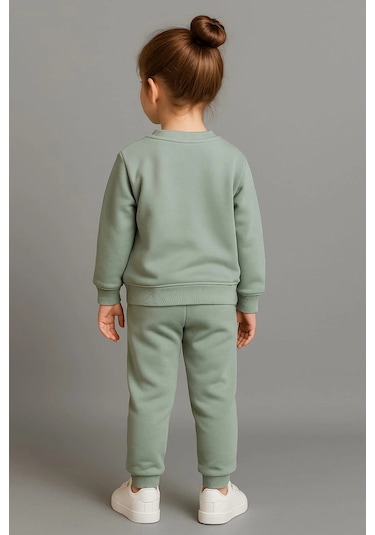 Kız Çocuk %100 Pamuk Gül Baskılı Eşofman Takımı Yeşil