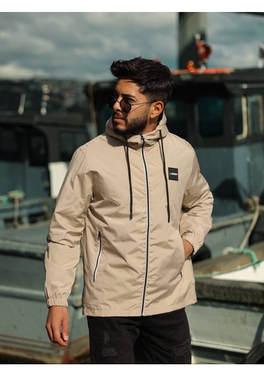 Erkek Kapüşonlu İçi Astarlı Fermuarlı Su Ve Rüzgar Geçirmez İnce Yağmurluk Ekru