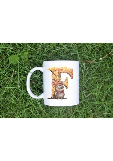 F Harf Sonbahar Yaprak Temalı Kupa Bardak - Sevimli Figürler İle Alfabe Harfli Bardak - Kişiye Özel Beyaz