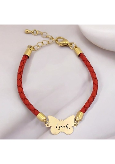 İpek İsmine Özel Kelebek Motifli 14 Ayar Altın Plakalı Turuncu Derili Hediye Bileklik-502isim İpek