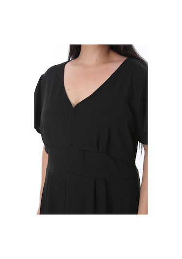 Kadın Büyük Beden Siyah Bürümcük Kumaş V Yakalı Ön Yırtmaçlı Elbise 65n38312-siyah Siyah