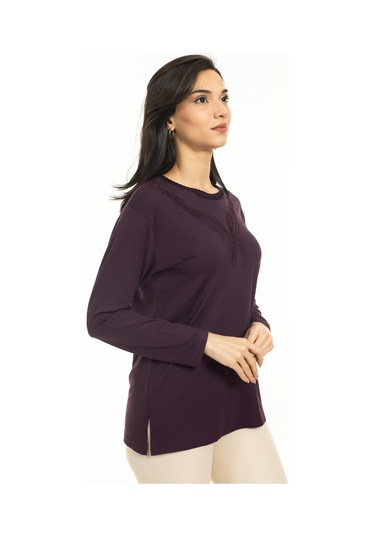 Yeni Sezon Kadın Orta Yaş ve Üzeri Yeni Desen Triko Yaka Likralı Anne Penye Bluz 30520-mürdüm Mürdüm