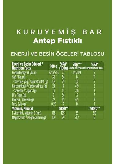 Antep Fıstıklı Kuruyemiş Bar 20g X 12 Adet