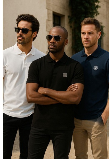 Erkek 3'lü Paket Tişört Rahat Kesim %100 Pamuklu Polo Yaka T-shirt Siyah-lacivert-beyaz 410