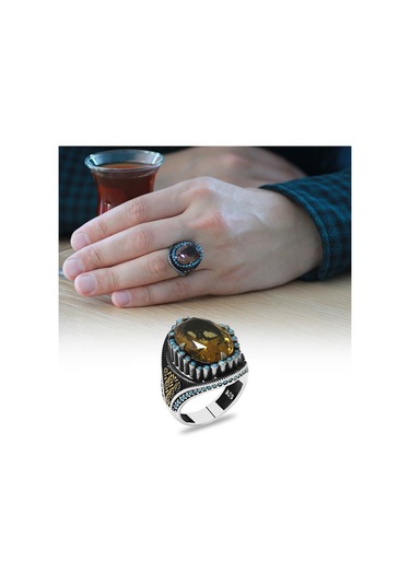 Faset Kesim Zultanit Taşlı Yanları Firuze Taş Mıhlamalı Başak Motifli 925 Ayar Gümüş Erkek Yüzük
