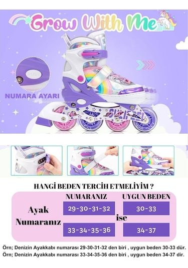 Unicorn Işıklı Mor Paten Gökkuşağı Çocuk Pateni Silikon Teker Mor