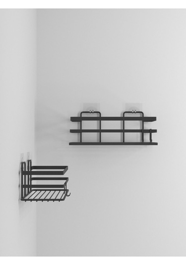 Suntel Yapışkanlı Ve Kancalı 2 Adet Banyo Rafı, Yapışkanlı Banyo Düzenleyici, Vidalama Yok Siyah