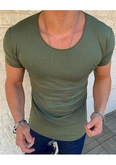 Bybülent Oval Yaka Açık Yaka Erkek Tişört Likralı Slim Fit